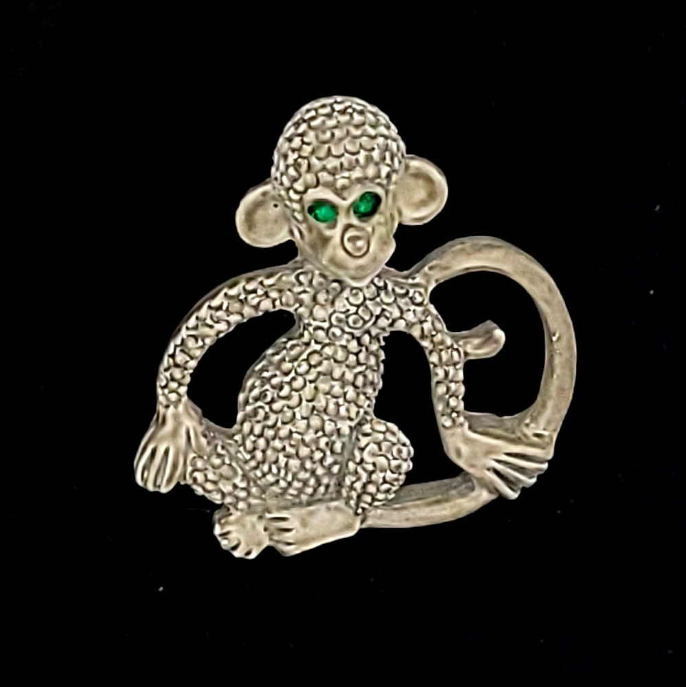 Vintage Retro Kitsch Enamel Monkey Rhinestone Eyes Gerry's Brooch Pin